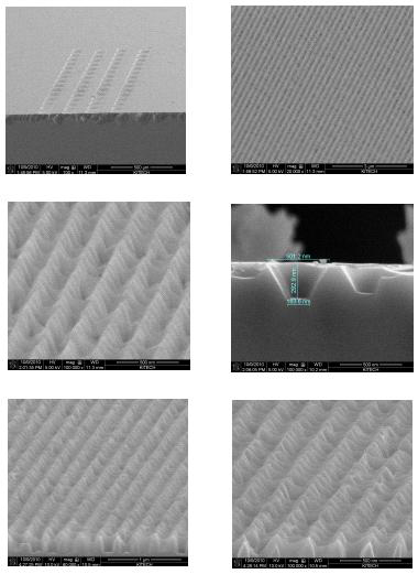 식각 공정이 완료된 quartz 기판의 전자 현미경 사진으로 균일한 dot 패턴이 형성되었음을 확인할 수 있는 자료