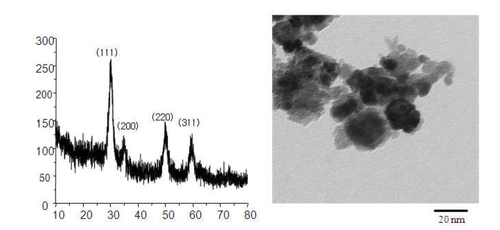 Hydrothermal 법 이용 합성한 YSZ의 XRD pattern 및 TEM 사진