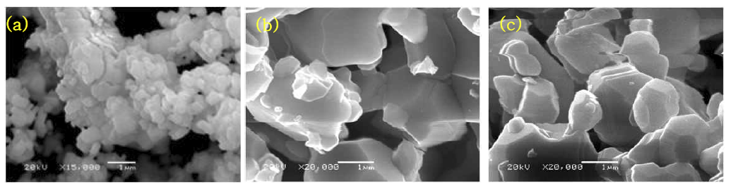 NiO/YSZ 분말의 1450℃ 유지시간에 따른 미세구조 (a) 120min (b) 30min (c) 30min, 1℃/min로 냉각