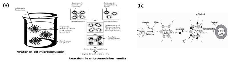 마이크로 에멀전법을 이용한 나노분말 합성(a) 및 encapsulation법을 이용한 표면 코팅(b)의 예