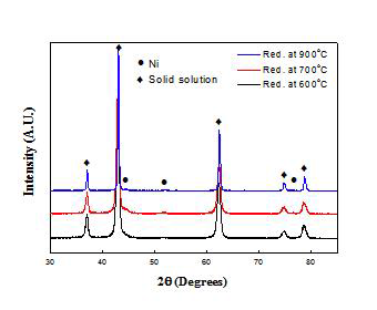 환원온도에 따른 NiO/MgO 나노복합분말의 XRD patterns