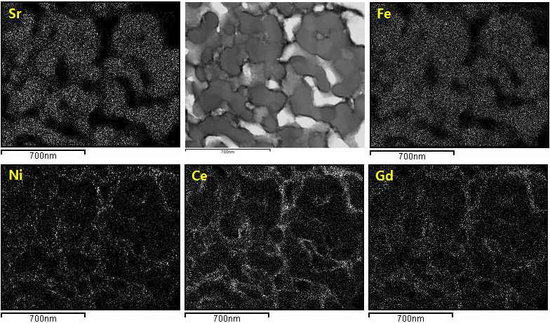Ni/GDC+LSFTO 복합 연료극의 분말 TEM 미세구조 및 EDS 분석