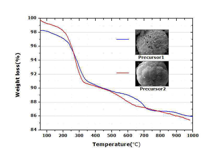 전구체 형상에 따른 TGA Curve 비교