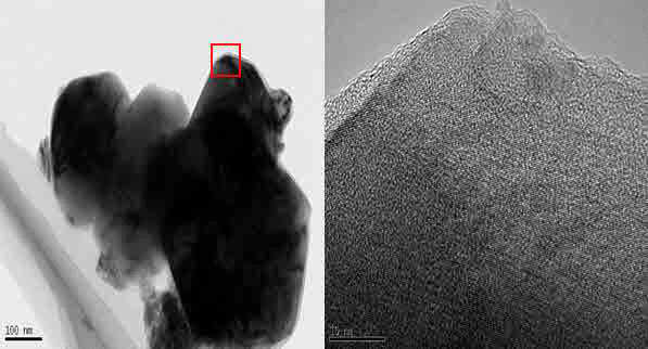 TEM image of 0.3 wt.% PI and 0.5 wt.% Carbon coated Li0.995V0.005Ni0.5Mn1.5O4