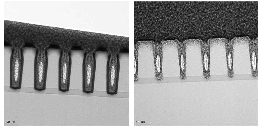 32nm wide nano-trench상 증착한 Co layer (a) 50cycle 증착 확인, (b) <50cycle 미증착 또는 low conformity