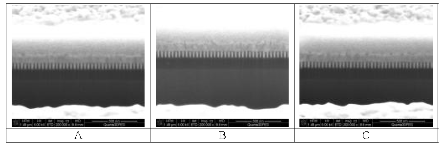 A~C 위치에 부착된 30 nm 트렌치 시편에서 얻어진 Gap-fill 이미지