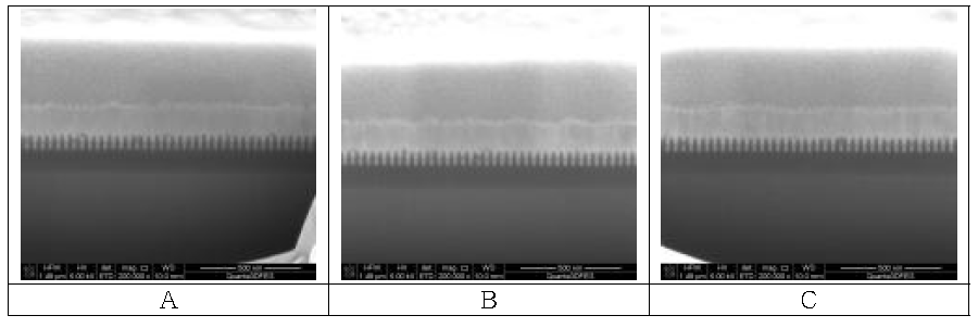 A~C 위치에 부착된 30 nm 트렌치 시편에서 얻어진 Gap-fill 이미지