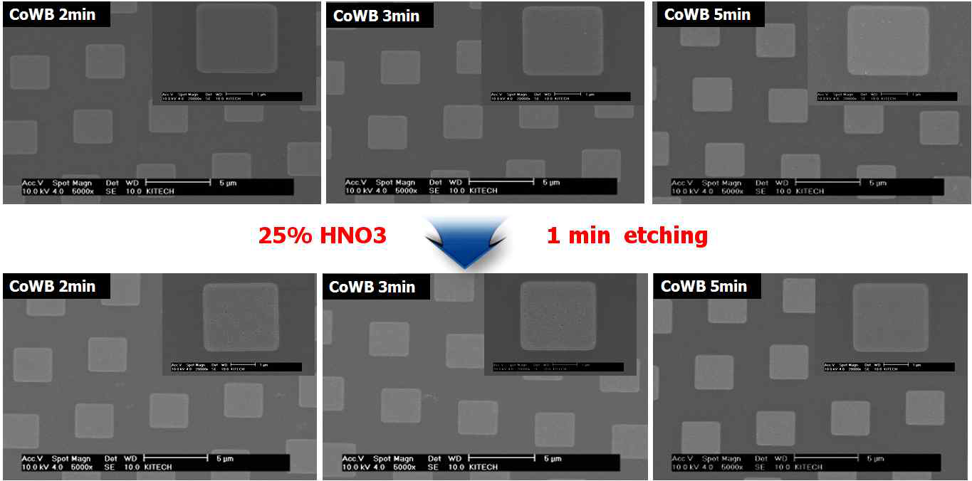 도금시간변화에 따른 CoWB 피막 및 질산 에칭 후 피막형상