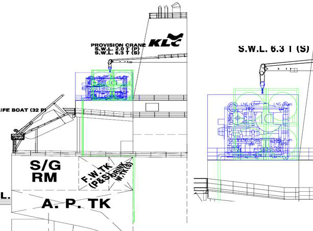 연료전지를 배치한 Bulk Carrier (좌-배치도, 우-확대모습)