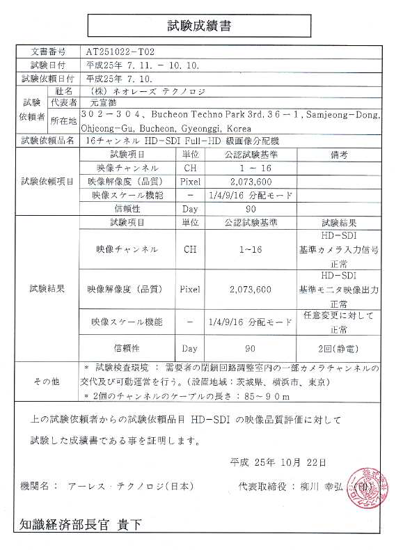 수요기업 시험성적서 원본(ARESS Technology)