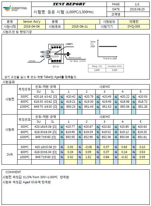 고온 내구 시험 성적서