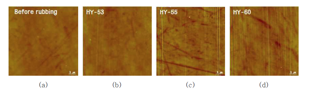 다른 파일밀도를 가지는 러빙포 3종의 러빙 전·후의 배향막의 AFM topograph image