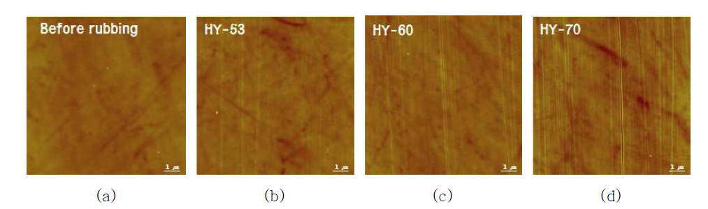 다른 파일밀도를 가지는 러빙포 3종의 러빙 전·후의 배향막의 AFM topograph image