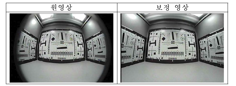 초광각 카메라의 원영상과 광각보정의 예