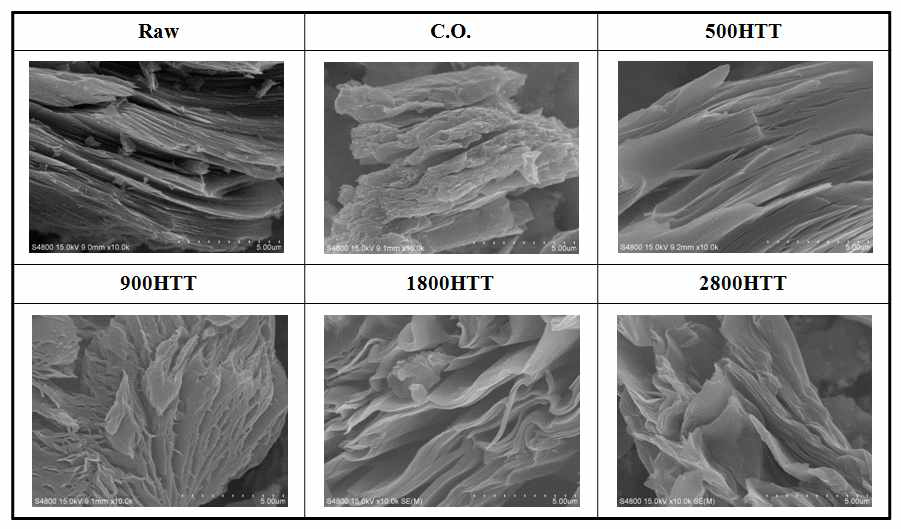 산화탄소 (Raw)와 열처리에 의한 팽창탄소의 SEM 결과