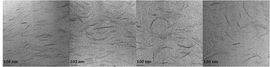 TEM images for KN190/3wt% Cloisite 30B. (From left side) (a) QCO2=0ml/min, (b) QCO2=5 ml/min, and MXD-6/3wt% Cloisite 30B nanocomposites (c) QCO2=0ml/min, (d) QCO2=7ml/min