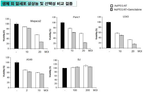 다양한 췌장암 세포주에서 아데노바이러스-나노복합체와 gemcitabine의 병용투여 시 세포살상능 및 선택성 비교