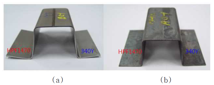 (a) 냉간 스탬핑 및 (b) HPF 제품의 형상 비교