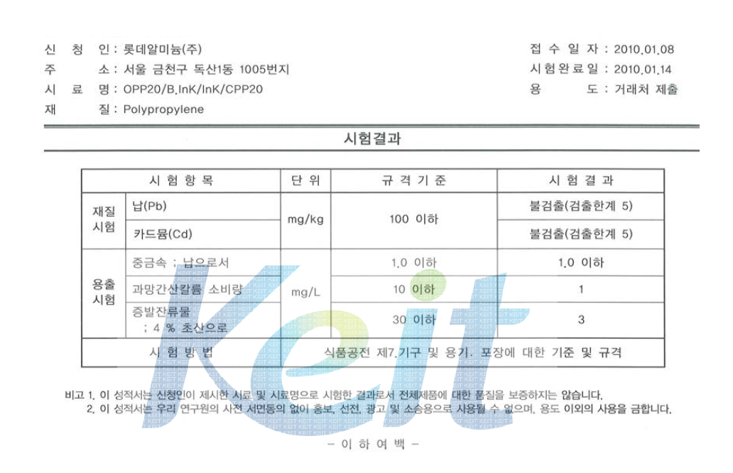 재질/용출시험 시험결과 보고서