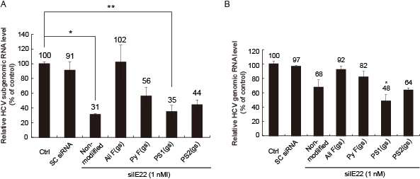 siIE22와 수식화 된 siIE22의 HCV 복제 억제 효능 비교 평가.