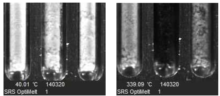나프탈렌:황산:KOH=1:1.1:1.1 중화반응 이후 용매의 용해분과 비용해분의 녹는점 관찰 사진 (오른쪽: 메탄올 비용해분, 가운데: 메탄올 용해분, 왼쪽: 물 비용해분)