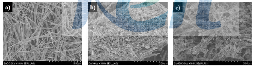 (a) ZnO nanorods (b) TNCuPc/ZnO nanorods (c) CuO/ZnO nanorods의 SEM 이미지