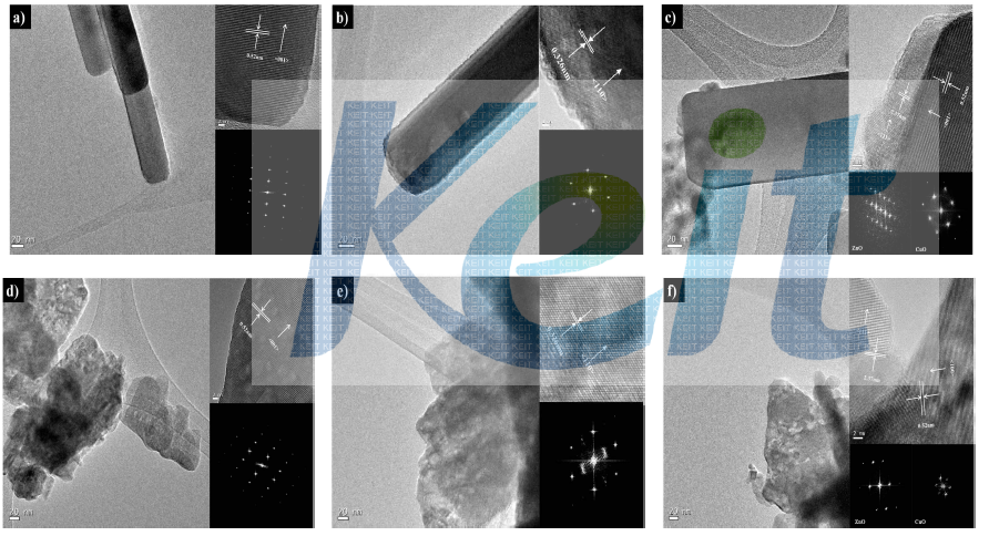 (a) ZnO nanorods (b) TNCuPc/ZnO nanorods (c) CuO/ZnO nanorods (d) ZnO nanoplates (e) TNCuPc/ZnO nanoplates (f) CuO/ZnO nanoplates의 TEM 이미지