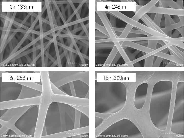 전구체 함량별 포집된 전기방사 웹의 FE-SEM 이미지