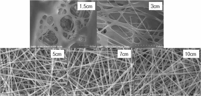 TCD별 인가 전압에 다른 전기 방사된 나노섬유의 FE-SEM이미지
