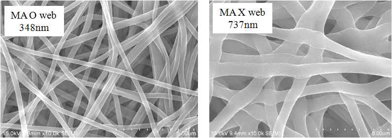 MA 유무에 따라 전기방사된 나노섬유의 FE-SEM 이미지