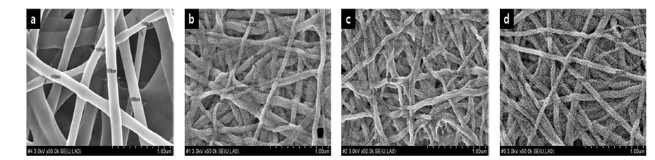 (a) PVA/Sn composite (b) 600 ℃ (c) 700 ℃ (d) 800 ℃에서 소성시킨 SnO2 fiber의 SEM 이미지