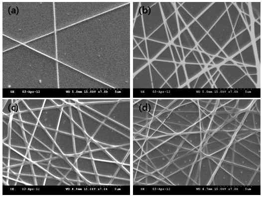Sampling Position (a)3cm, (b)11cm, (c)13cm, (d)15cm에 따른 나노섬유의 SEM이미지