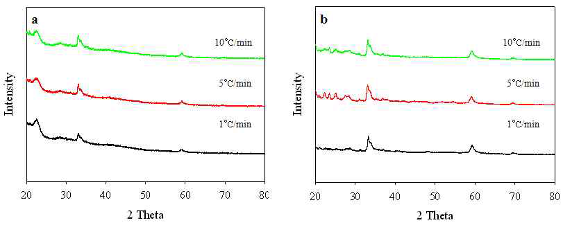 123℃(a), 200℃(b)에서 2시간 탄화 후 XRD 그래프