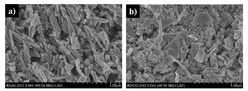 (a) ZnO nanorods (b) ZnO nanoplates 의 SEM 이미지