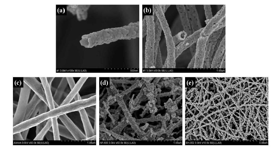 (a-b) ZnO Hollow nanofibers, (c) PVA/Zinc acetate composite electrospun, (d-e) ZnO nanofibers의 SEM 이미지