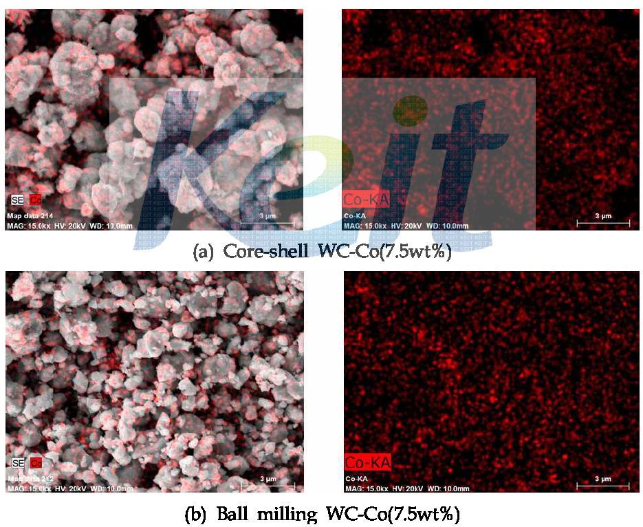 Core-shell과 ball milling WC-Co 복합 분말의 SEM-EDS 분석