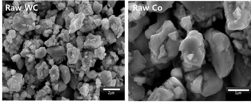 혼합에 사용된 초기 WC-Co 분말의 크기 및 형상