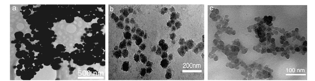 PVP 첨가량에 따른 코발트 분말의 TEM 분석 결과: PVP 함량= (a) 0, (b) 0.5 & (c)1.0 g