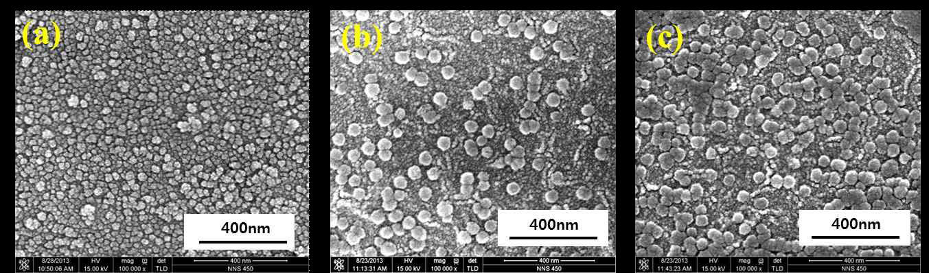220 ℃, 30분간 폴리올 공정 중 자성체를 이용하여 추출된 코발트 화합물의 FE-SEM 이미지: (a) 30분, (b) 40분, (c) 50분