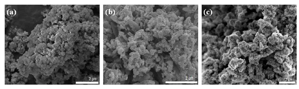 차아인산 투입속도에 따른 코발트 분말의 SEM; (a) 30, (b) 60 & (c) 120s.