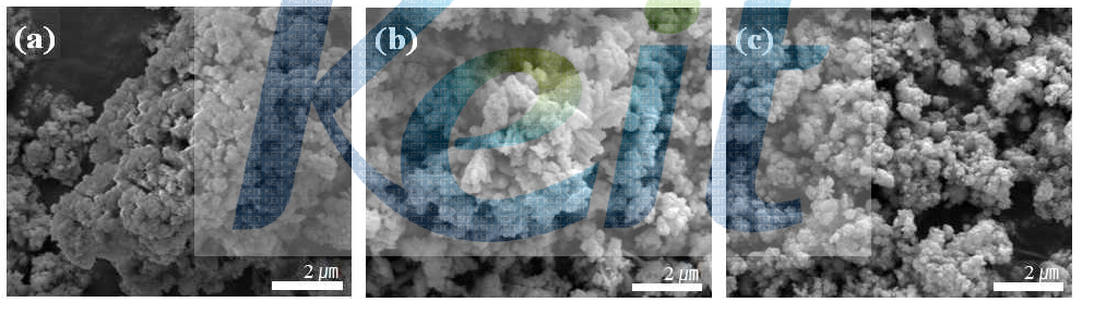 황산코발트 농도에 따른 SEM; (a) 1.1, (b) 0.9 & (c) 0.7 M.