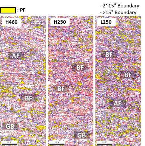 Grain boundary map with grain orientation spread area showing polygonal ferrite region of the steels