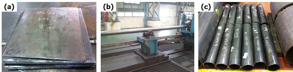 (a) Leveled sheets, (b) ERW piping processes, (c) Final products of ERW pipe
