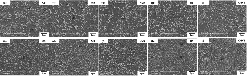 SEM micrographs of the (a) C5, (b) C3, (c) M5, (d) M3, (e) NV5, (f) NB3, (g) B5, (h) B3, (i) CNV5, (j) CNV3 specimens