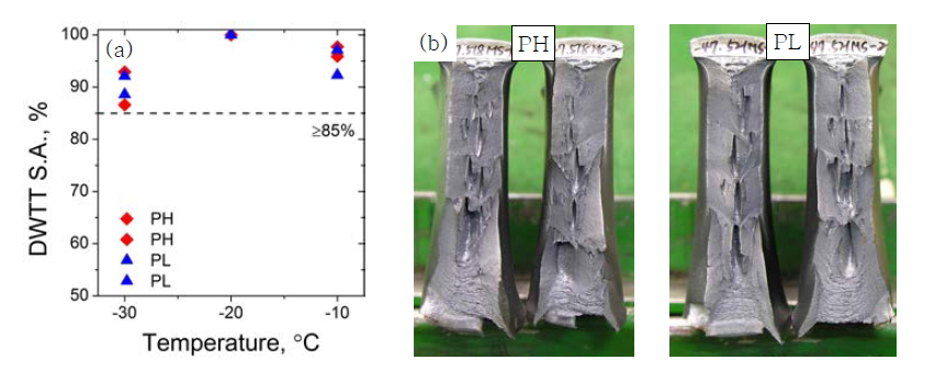 (a) DWTT 연성파면율 천이결과 (PH, PL - middle부), (b) DWTT연성파면사진