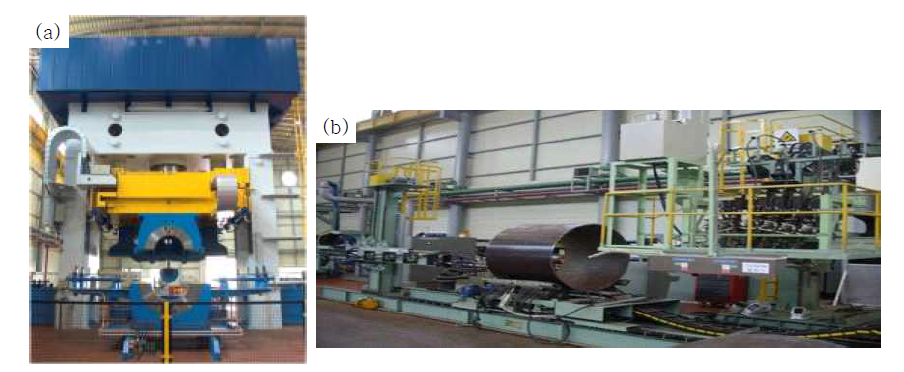 (a) 포항 API 성형 center 동 UOE simulator, (b) 포항 API성형 Center동 SAW (Submerged Arc Welding) system