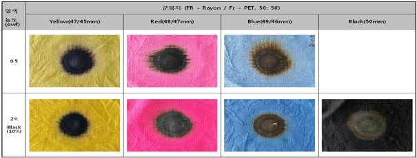 FR-rayon/FR-pet 직물의 염료에 따른 탄화거리 시험 후 시료사진