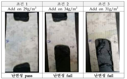 10회 세탁 후 Back coating 난연제 처리 원단의 난연성 시험 결과