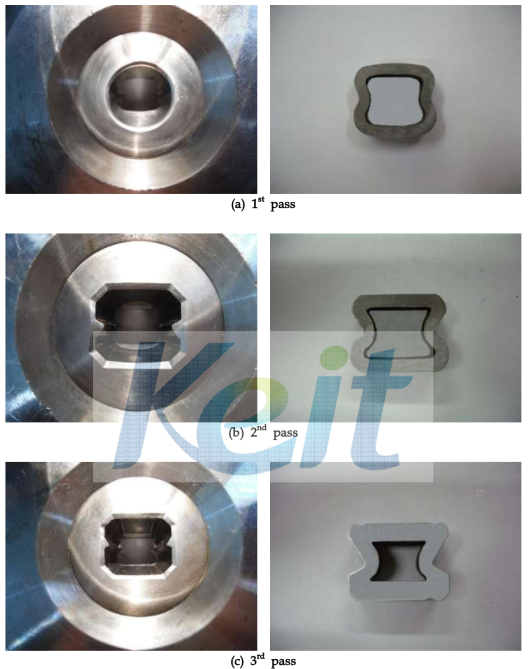 실험에 사용된 3패스 다이 및 결과 형상