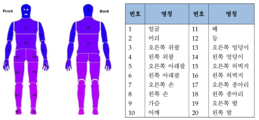 발한온열마네킨 영역과 부분(총 20부위)